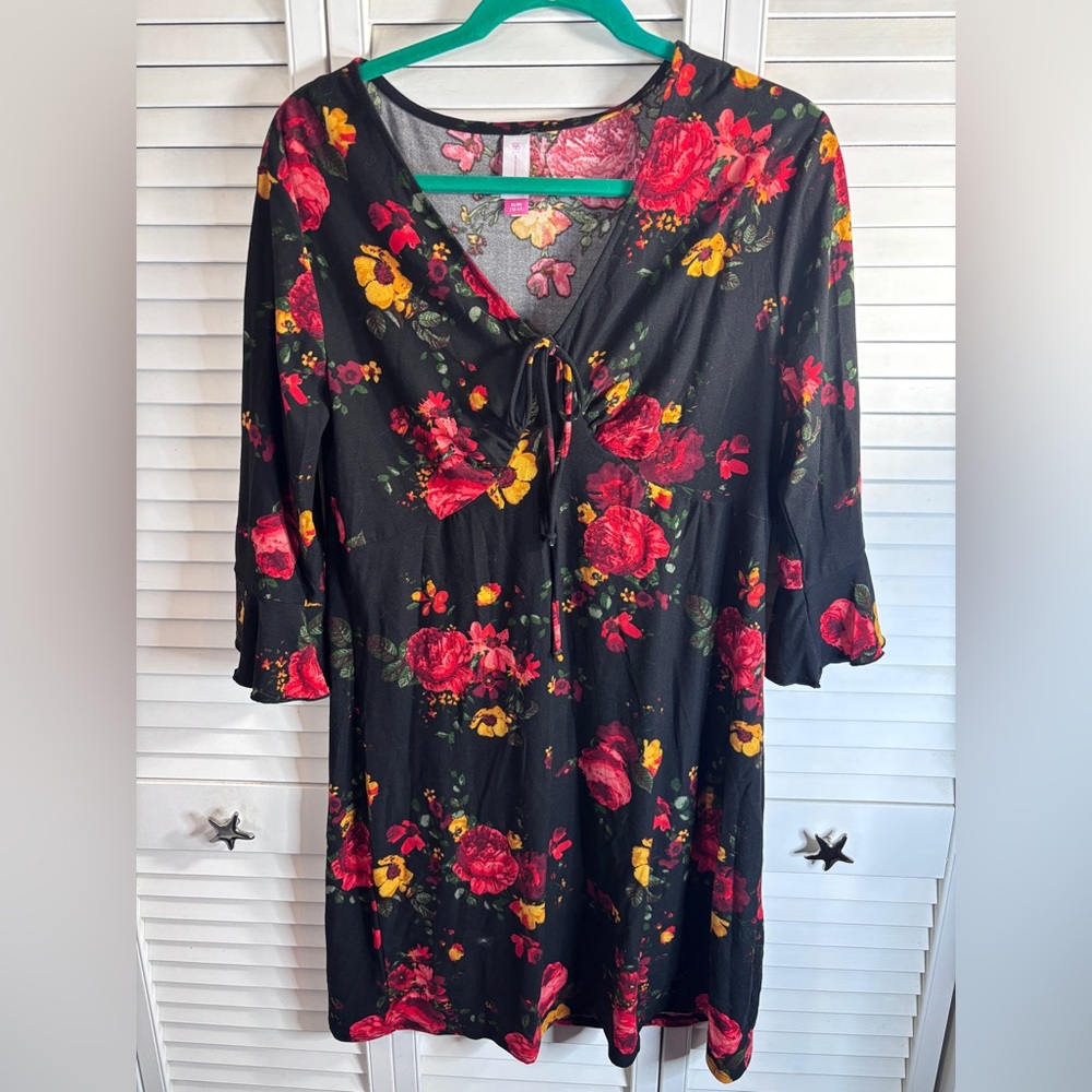No Boundaries Black Floral Dress Pink & Yellow floral design XL 3/4 sleeves